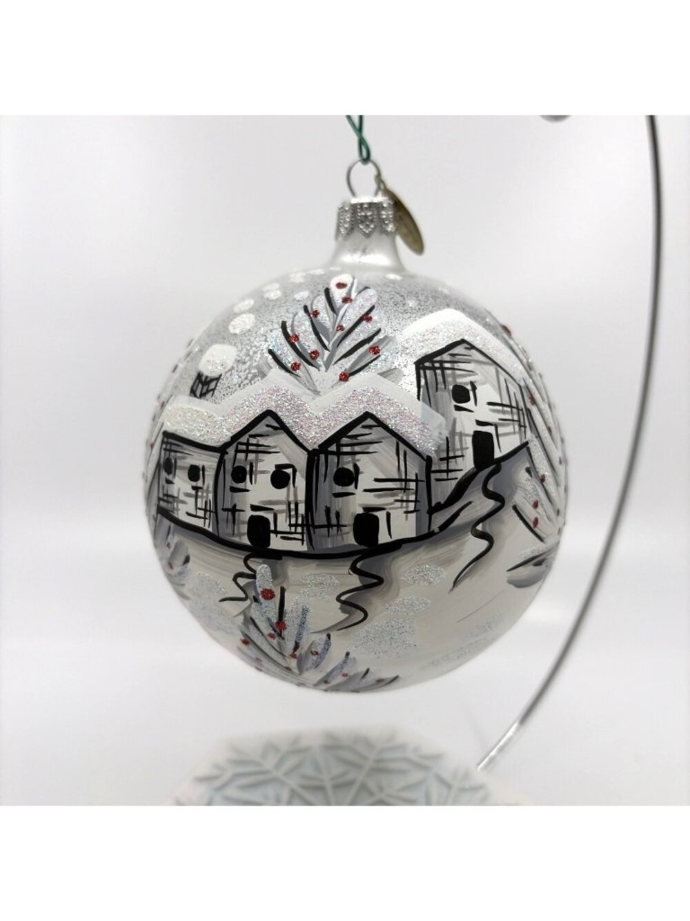 Pier 1 Hand Blown Glass Ball Christmas Ornament Hand Painted Winter Scene 4"